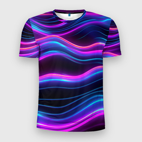 Мужская футболка 3D Slim с принтом Фиолетовые неоновые волны в Санкт-Петербурге, 100% полиэстер с улучшенными характеристиками | приталенный силуэт, круглая горловина, широкие плечи, сужается к линии бедра | Тематика изображения на принте: 