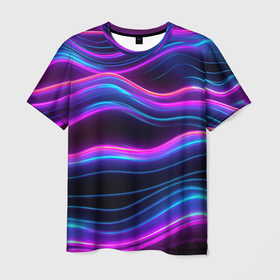 Мужская футболка 3D с принтом Фиолетовые неоновые волны в Тюмени, 100% полиэфир | прямой крой, круглый вырез горловины, длина до линии бедер | 