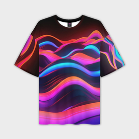 Мужская футболка oversize 3D с принтом Неоновые  фиолетовые волны в Санкт-Петербурге,  |  | 