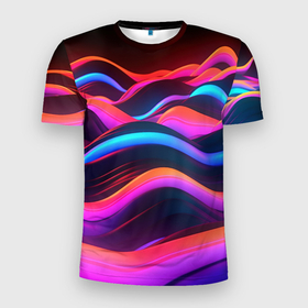 Мужская футболка 3D Slim с принтом Неоновые  фиолетовые волны в Санкт-Петербурге, 100% полиэстер с улучшенными характеристиками | приталенный силуэт, круглая горловина, широкие плечи, сужается к линии бедра | Тематика изображения на принте: 