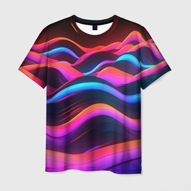 Мужская футболка 3D с принтом Неоновые  фиолетовые волны в Санкт-Петербурге, 100% полиэфир | прямой крой, круглый вырез горловины, длина до линии бедер | Тематика изображения на принте: 