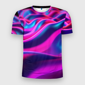 Мужская футболка 3D Slim с принтом Фиолетовые  неоновые волны в Санкт-Петербурге, 100% полиэстер с улучшенными характеристиками | приталенный силуэт, круглая горловина, широкие плечи, сужается к линии бедра | Тематика изображения на принте: 