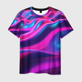 Мужская футболка 3D с принтом Фиолетовые  неоновые волны в Санкт-Петербурге, 100% полиэфир | прямой крой, круглый вырез горловины, длина до линии бедер | Тематика изображения на принте: 