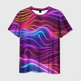 Мужская футболка 3D с принтом Цветные неоновые волны в Курске, 100% полиэфир | прямой крой, круглый вырез горловины, длина до линии бедер | 