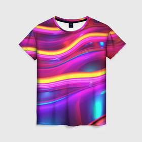 Женская футболка 3D с принтом Неоновые светящиеся волны в Екатеринбурге, 100% полиэфир ( синтетическое хлопкоподобное полотно) | прямой крой, круглый вырез горловины, длина до линии бедер | 
