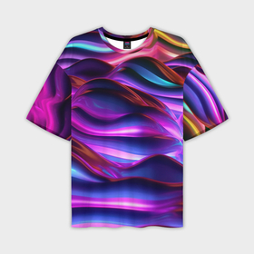 Мужская футболка oversize 3D с принтом Неоновые синие и фиолетовые  волны в Тюмени,  |  | 