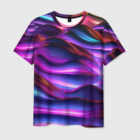 Мужская футболка 3D с принтом Неоновые синие и фиолетовые  волны в Санкт-Петербурге, 100% полиэфир | прямой крой, круглый вырез горловины, длина до линии бедер | Тематика изображения на принте: 