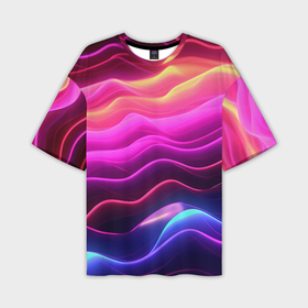 Мужская футболка oversize 3D с принтом Розовые и фиолетовые неоновые волны в Санкт-Петербурге,  |  | 