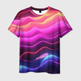 Мужская футболка 3D с принтом Розовые и фиолетовые неоновые волны в Санкт-Петербурге, 100% полиэфир | прямой крой, круглый вырез горловины, длина до линии бедер | Тематика изображения на принте: 