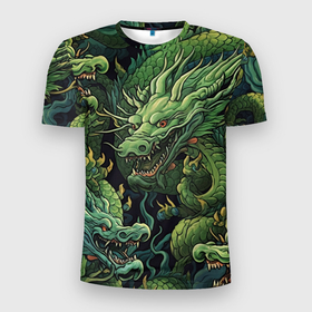 Мужская футболка 3D Slim с принтом Зеленые драконы: арт нейросети в Екатеринбурге, 100% полиэстер с улучшенными характеристиками | приталенный силуэт, круглая горловина, широкие плечи, сужается к линии бедра | 