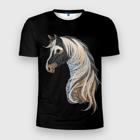 Мужская футболка 3D Slim с принтом Вышивка Лошадь в Екатеринбурге, 100% полиэстер с улучшенными характеристиками | приталенный силуэт, круглая горловина, широкие плечи, сужается к линии бедра | Тематика изображения на принте: 