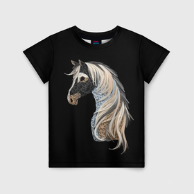 Детская футболка 3D с принтом Вышивка Лошадь в Новосибирске, 100% гипоаллергенный полиэфир | прямой крой, круглый вырез горловины, длина до линии бедер, чуть спущенное плечо, ткань немного тянется | Тематика изображения на принте: 