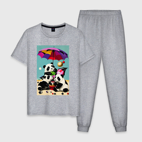 Мужская пижама хлопок с принтом Три панды под цветным зонтиком , 100% хлопок | брюки и футболка прямого кроя, без карманов, на брюках мягкая резинка на поясе и по низу штанин
 | Тематика изображения на принте: 