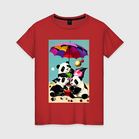 Женская футболка хлопок с принтом Три панды под цветным зонтиком в Кировске, 100% хлопок | прямой крой, круглый вырез горловины, длина до линии бедер, слегка спущенное плечо | 