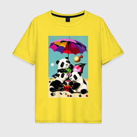 Мужская футболка хлопок Oversize с принтом Три панды под цветным зонтиком , 100% хлопок | свободный крой, круглый ворот, “спинка” длиннее передней части | Тематика изображения на принте: 