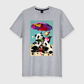 Мужская футболка хлопок Slim с принтом Три панды под цветным зонтиком , 92% хлопок, 8% лайкра | приталенный силуэт, круглый вырез ворота, длина до линии бедра, короткий рукав | Тематика изображения на принте: 