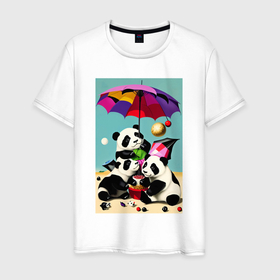 Мужская футболка хлопок с принтом Три панды под цветным зонтиком в Екатеринбурге, 100% хлопок | прямой крой, круглый вырез горловины, длина до линии бедер, слегка спущенное плечо. | Тематика изображения на принте: 