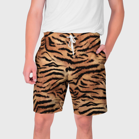 Мужские шорты 3D с принтом Полосатая шкура тигра ,  полиэстер 100% | прямой крой, два кармана без застежек по бокам. Мягкая трикотажная резинка на поясе, внутри которой широкие завязки. Длина чуть выше колен | 