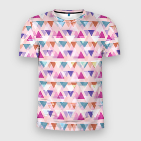 Мужская футболка 3D Slim с принтом Цветные треугольники в Кировске, 100% полиэстер с улучшенными характеристиками | приталенный силуэт, круглая горловина, широкие плечи, сужается к линии бедра | Тематика изображения на принте: 