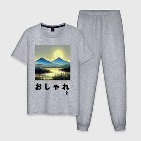 Мужская пижама хлопок с принтом MoMo   Дрога к горе Фудзияма  в японском стиле в Новосибирске, 100% хлопок | брюки и футболка прямого кроя, без карманов, на брюках мягкая резинка на поясе и по низу штанин
 | 