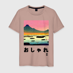Мужская футболка хлопок с принтом MoMo   Горное озеро в японском стиле в Тюмени, 100% хлопок | прямой крой, круглый вырез горловины, длина до линии бедер, слегка спущенное плечо. | Тематика изображения на принте: 