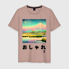 Мужская футболка хлопок с принтом MoMo   Озеро на фоне гор в японском стиле , 100% хлопок | прямой крой, круглый вырез горловины, длина до линии бедер, слегка спущенное плечо. | 