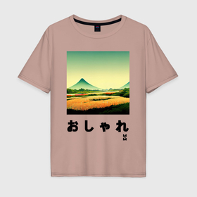 Мужская футболка хлопок Oversize с принтом MoMo   Рисовое поле на фоне горы Фудзиямы в японском стиле в Новосибирске, 100% хлопок | свободный крой, круглый ворот, “спинка” длиннее передней части | Тематика изображения на принте: 