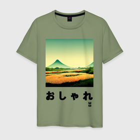 Мужская футболка хлопок с принтом MoMo   Рисовое поле на фоне горы Фудзиямы в японском стиле в Тюмени, 100% хлопок | прямой крой, круглый вырез горловины, длина до линии бедер, слегка спущенное плечо. | 