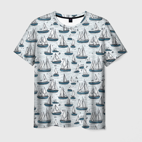 Мужская футболка 3D с принтом Кораблики паттерн в Санкт-Петербурге, 100% полиэфир | прямой крой, круглый вырез горловины, длина до линии бедер | 