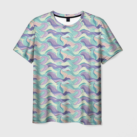 Мужская футболка 3D с принтом Абстрактные фиолетовые и голубые волны в Тюмени, 100% полиэфир | прямой крой, круглый вырез горловины, длина до линии бедер | 