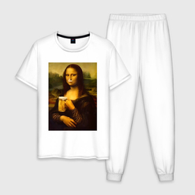 Мужская пижама хлопок с принтом Мона Лиза с пивом в Белгороде, 100% хлопок | брюки и футболка прямого кроя, без карманов, на брюках мягкая резинка на поясе и по низу штанин
 | 
