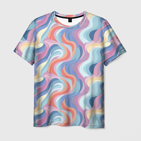 Мужская футболка 3D с принтом Абстрактные  волны пастельные  цвета , 100% полиэфир | прямой крой, круглый вырез горловины, длина до линии бедер | 