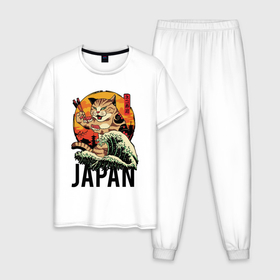Мужская пижама хлопок с принтом Japan sushi cat , 100% хлопок | брюки и футболка прямого кроя, без карманов, на брюках мягкая резинка на поясе и по низу штанин
 | Тематика изображения на принте: 