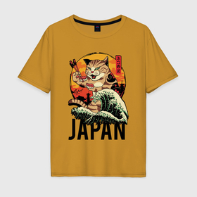 Мужская футболка хлопок Oversize с принтом Japan sushi cat в Санкт-Петербурге, 100% хлопок | свободный крой, круглый ворот, “спинка” длиннее передней части | 