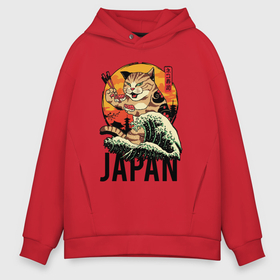 Мужское худи Oversize хлопок с принтом Japan sushi cat в Белгороде, френч-терри — 70% хлопок, 30% полиэстер. Мягкий теплый начес внутри —100% хлопок | боковые карманы, эластичные манжеты и нижняя кромка, капюшон на магнитной кнопке | 