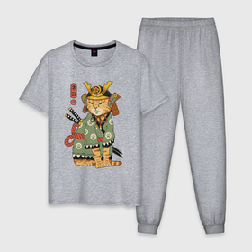 Мужская пижама хлопок с принтом Samurai battle cat в Белгороде, 100% хлопок | брюки и футболка прямого кроя, без карманов, на брюках мягкая резинка на поясе и по низу штанин
 | 