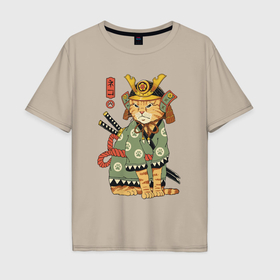 Мужская футболка хлопок Oversize с принтом Samurai battle cat в Тюмени, 100% хлопок | свободный крой, круглый ворот, “спинка” длиннее передней части | 