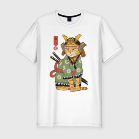 Мужская футболка хлопок Slim с принтом Samurai battle cat в Кировске, 92% хлопок, 8% лайкра | приталенный силуэт, круглый вырез ворота, длина до линии бедра, короткий рукав | 