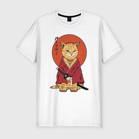 Мужская футболка хлопок Slim с принтом Samurai kimono cat в Белгороде, 92% хлопок, 8% лайкра | приталенный силуэт, круглый вырез ворота, длина до линии бедра, короткий рукав | Тематика изображения на принте: 