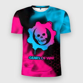 Мужская футболка 3D Slim с принтом Gears of War   neon gradient в Санкт-Петербурге, 100% полиэстер с улучшенными характеристиками | приталенный силуэт, круглая горловина, широкие плечи, сужается к линии бедра | 