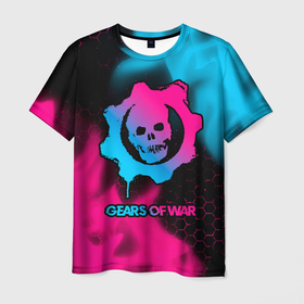 Мужская футболка 3D с принтом Gears of War   neon gradient в Санкт-Петербурге, 100% полиэфир | прямой крой, круглый вырез горловины, длина до линии бедер | 