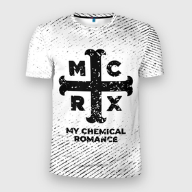 Мужская футболка 3D Slim с принтом My Chemical Romance с потертостями на светлом фоне в Санкт-Петербурге, 100% полиэстер с улучшенными характеристиками | приталенный силуэт, круглая горловина, широкие плечи, сужается к линии бедра | Тематика изображения на принте: 