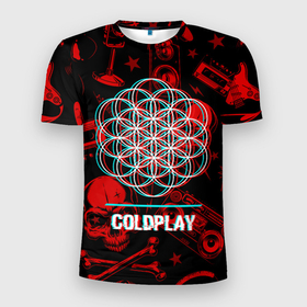 Мужская футболка 3D Slim с принтом Coldplay rock glitch в Санкт-Петербурге, 100% полиэстер с улучшенными характеристиками | приталенный силуэт, круглая горловина, широкие плечи, сужается к линии бедра | 