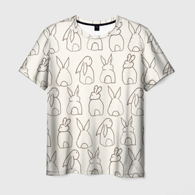 Мужская футболка 3D с принтом хвостики зайчиков   паттерн на молочном в Екатеринбурге, 100% полиэфир | прямой крой, круглый вырез горловины, длина до линии бедер | 