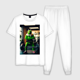 Мужская пижама хлопок с принтом Лягушонок Кермит делает становую тягу в Екатеринбурге, 100% хлопок | брюки и футболка прямого кроя, без карманов, на брюках мягкая резинка на поясе и по низу штанин
 | 