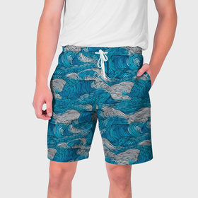 Мужские шорты 3D с принтом Голубые и белые волны в Белгороде,  полиэстер 100% | прямой крой, два кармана без застежек по бокам. Мягкая трикотажная резинка на поясе, внутри которой широкие завязки. Длина чуть выше колен | 