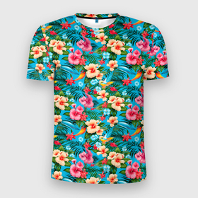 Мужская футболка 3D Slim с принтом Гавайские цветы паттерн в Курске, 100% полиэстер с улучшенными характеристиками | приталенный силуэт, круглая горловина, широкие плечи, сужается к линии бедра | 