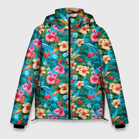Мужская зимняя куртка 3D с принтом Гавайские цветы паттерн в Тюмени, верх — 100% полиэстер; подкладка — 100% полиэстер; утеплитель — 100% полиэстер | длина ниже бедра, свободный силуэт Оверсайз. Есть воротник-стойка, отстегивающийся капюшон и ветрозащитная планка. 

Боковые карманы с листочкой на кнопках и внутренний карман на молнии. | 