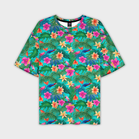 Мужская футболка oversize 3D с принтом Разные цветочки на зеленом фоне ,  |  | Тематика изображения на принте: 