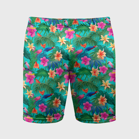 Мужские шорты спортивные с принтом Разные цветочки на зеленом фоне ,  |  | Тематика изображения на принте: 